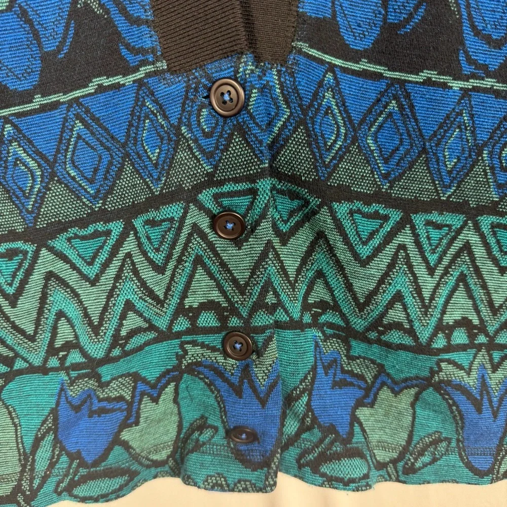 Vtg 80s 90s‎ Christian de Castelnau Intarsia Blue Geometric Floral Cardigan 2XL